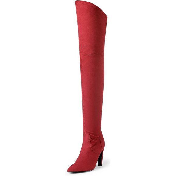 Women's Red/Suede Faux Leather Thigh High Over The Knee Long Pointed Toe Boots - Picture 1 of 7